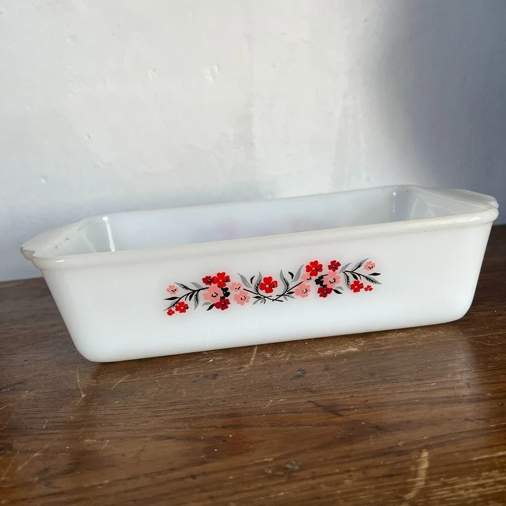 VTG Fire King Primrose Milk Glass Bread Loaf Pan 409 Baking Dish 1 Qt Floral USA